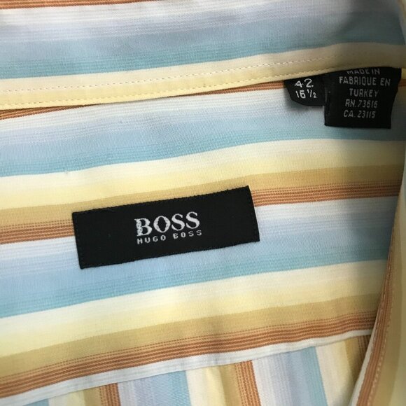 BOSS Men 100% Cotton Button Striped Multi-Color 16.5 - 42 Shirt - Picture 3 of 4